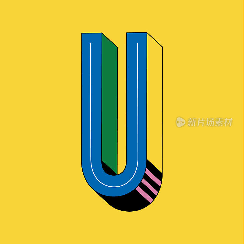 复古90年代的Y2K 3D字体设计大写字母U在方形块的颜色